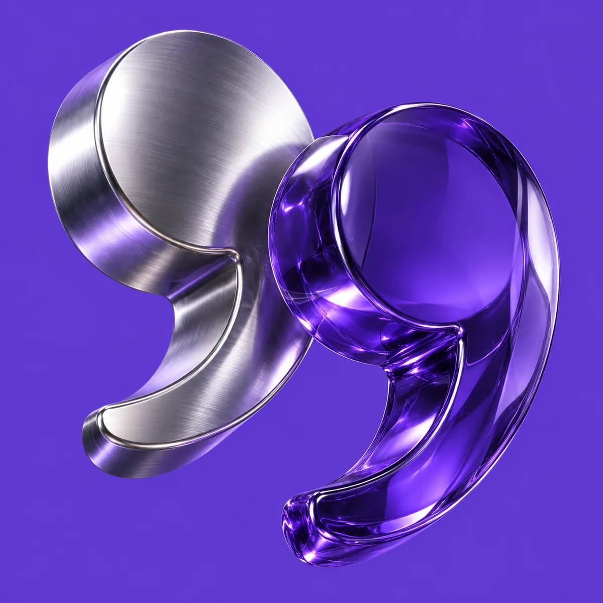 Two sculptural quotation marks in polished chrome and purple glass